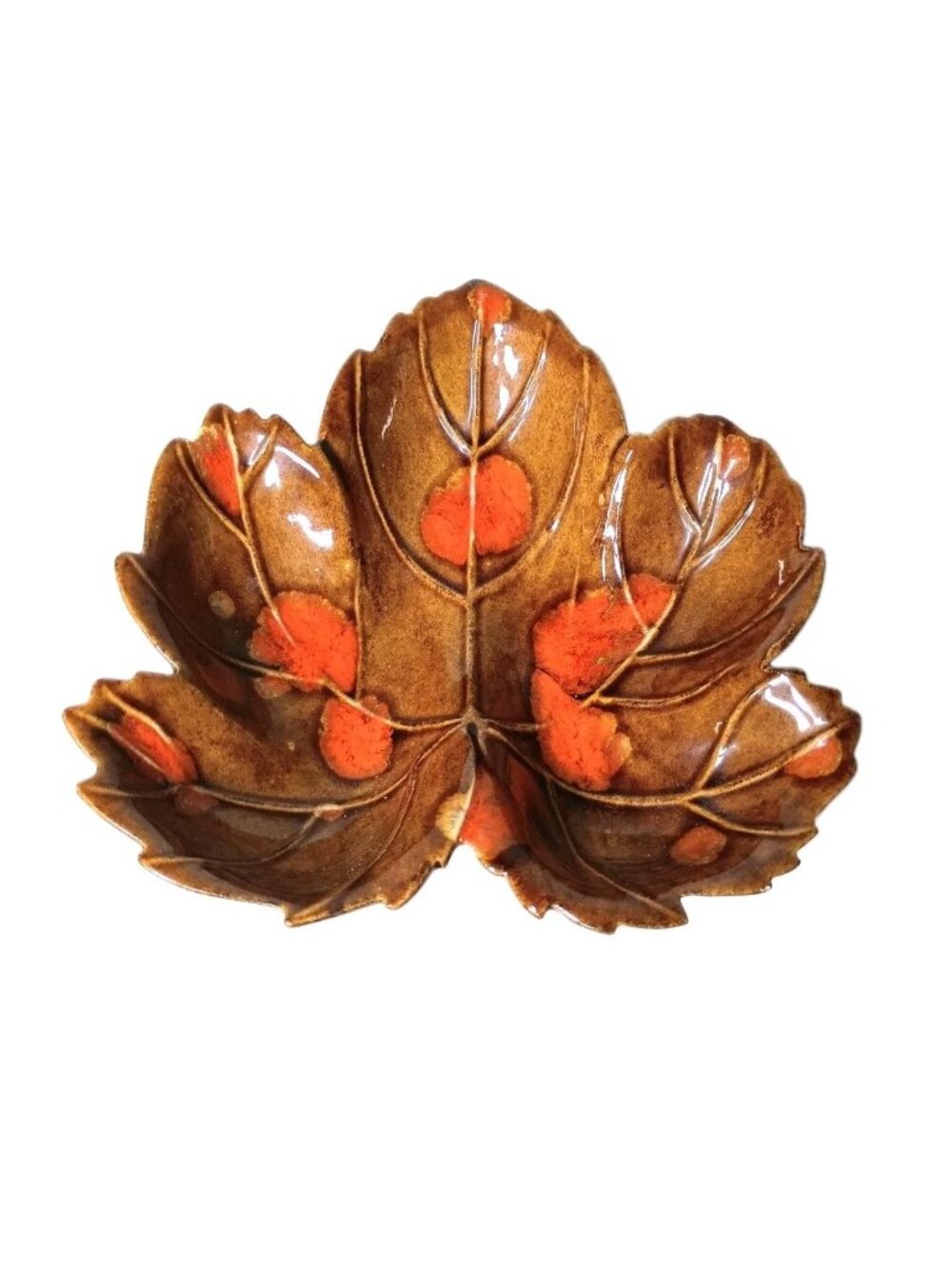 Vintage MCM Ceramic Autumn Leaf Trinket Dish Bowl Glazed Fall Decor Catchall